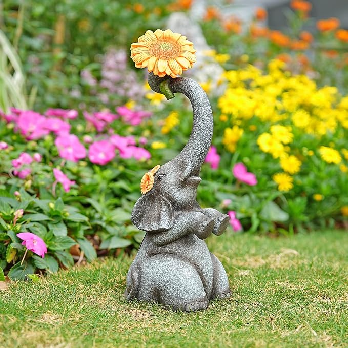Elephant Sunflower Garden Decor, 14.3" Solar Large Garden Statue, Outdoor Yard Decor, Gifts for Mom, Grandma