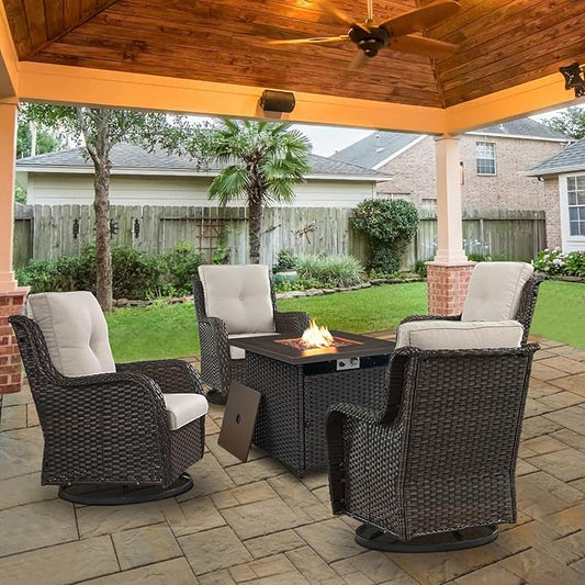 5 Pieces Patio Wicker Furniture Set - 4 Outdoor Swivel Rocker Glider Chairs with Propane Fire Pit Table, Warm Patio Conversation Set Beige Cushion Perfect for Casual Gathering