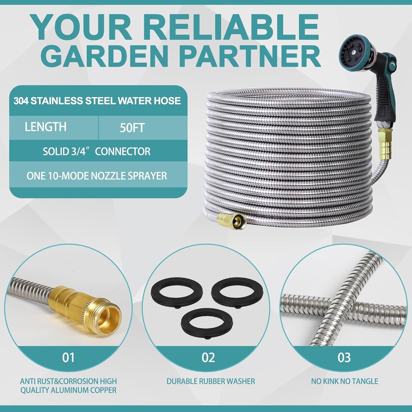 50FT 5/8'' Garden Hose, 304 Stainless Steel Water Hose, Flexible with a 10-Mode Nozzle Sprayer, No Kink, Lightweight, Puncture Proof Metal Hose, Ideal for Yard, Lawn, Outdoor