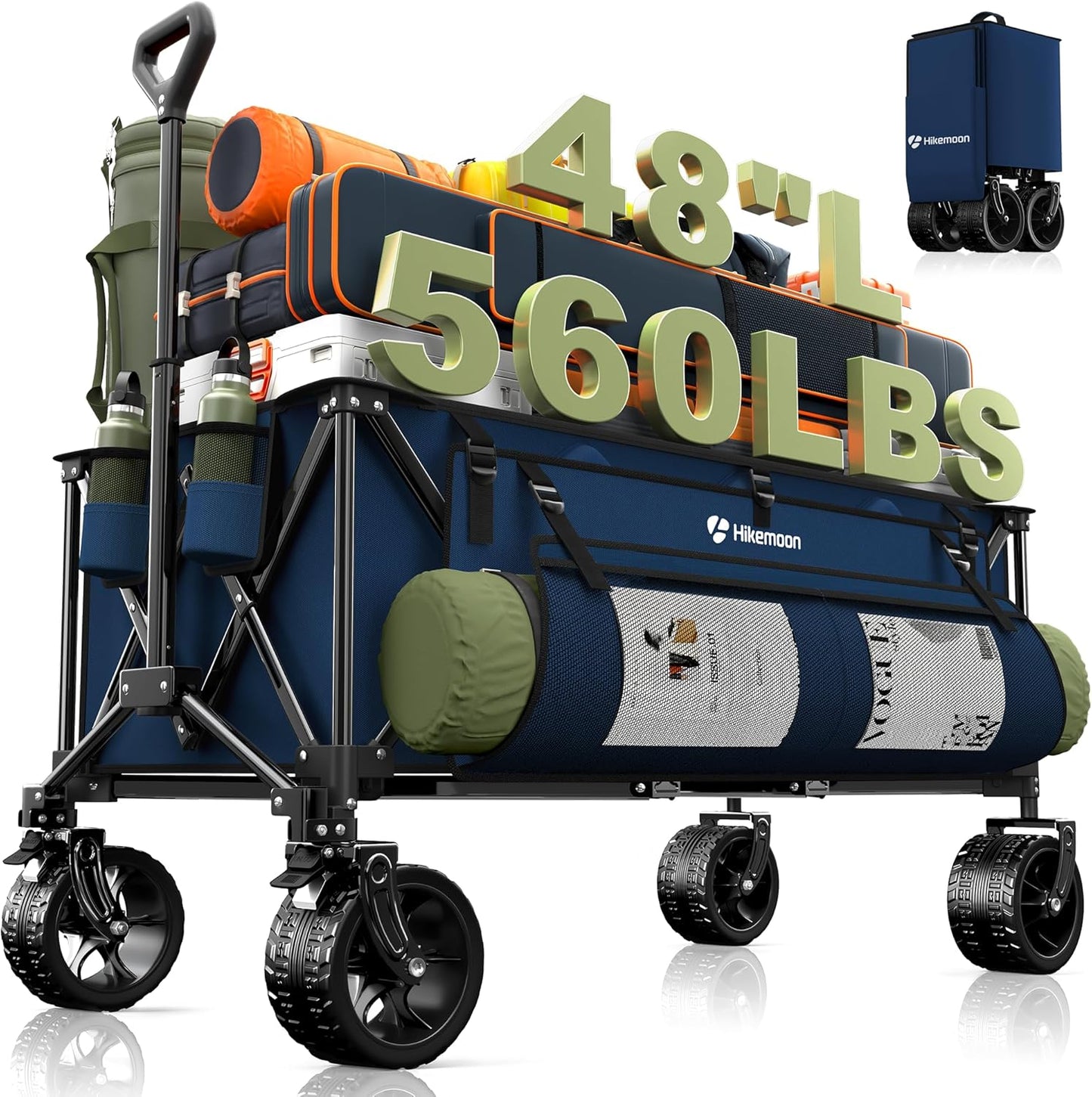 300L Extra Large Wagons Carts Foldable, 560LBS Heavy Duty Collapsible Beach Wagon 48" Long with Big All-Terrain Wheels, Utility Folding Cart for Camping, Grocery, Sports, Garden, Blue