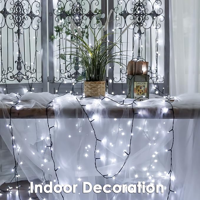 500 LEDs 172ft Green Cable Wire Christmas Light Fairy String Tree Twinkle Lights Plug in 12 Modes for Christmas Party, Outdoor, Garden, Wedding, Home Decoration (White)