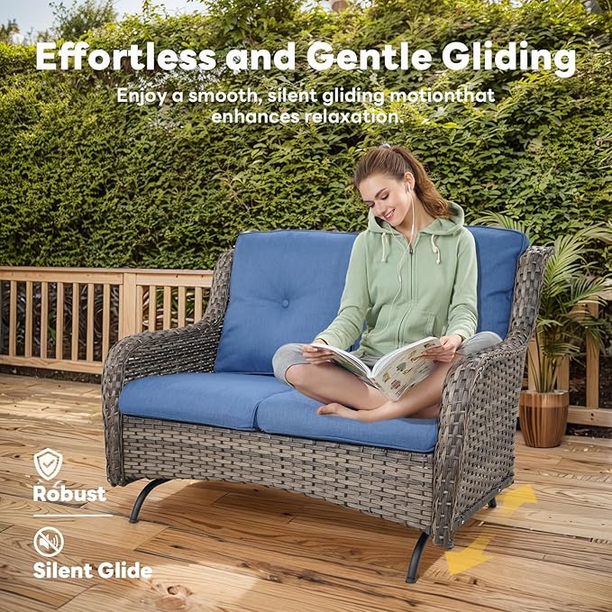 5 Piece Outdoor Patio Furniture Set - Outdoor Conversation Couch and Loveseat Glider Chair Furniture Set with Rattan Coffee Table for Deck Balcony Poolside Gray Wicker/Blue Cushions