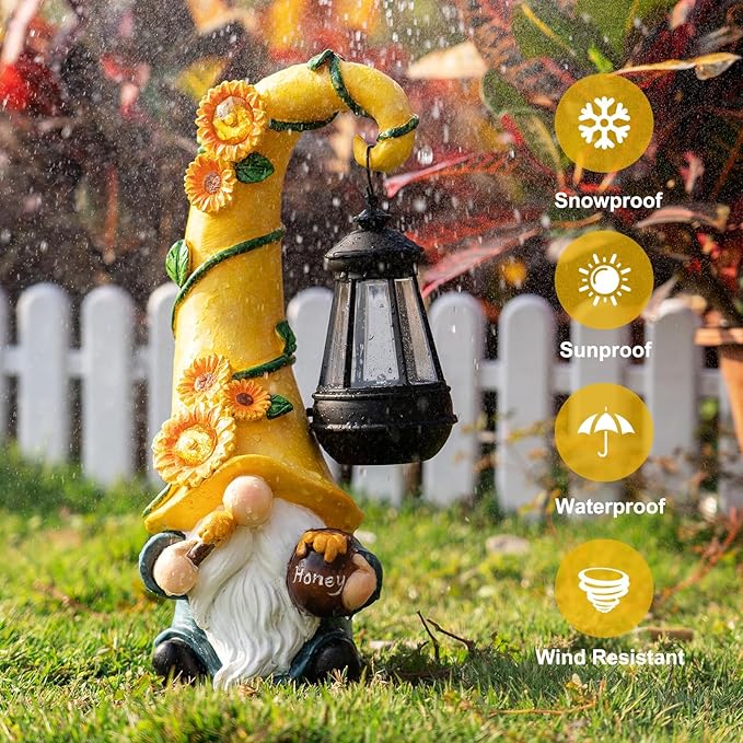 12" Solar Gnome Garden Statues Honey Bee jar Decor with LED Lantern Outdoor Spring Gnomes Decorations Patio Yard Balcony Art Gifts for Women Mom Grandma