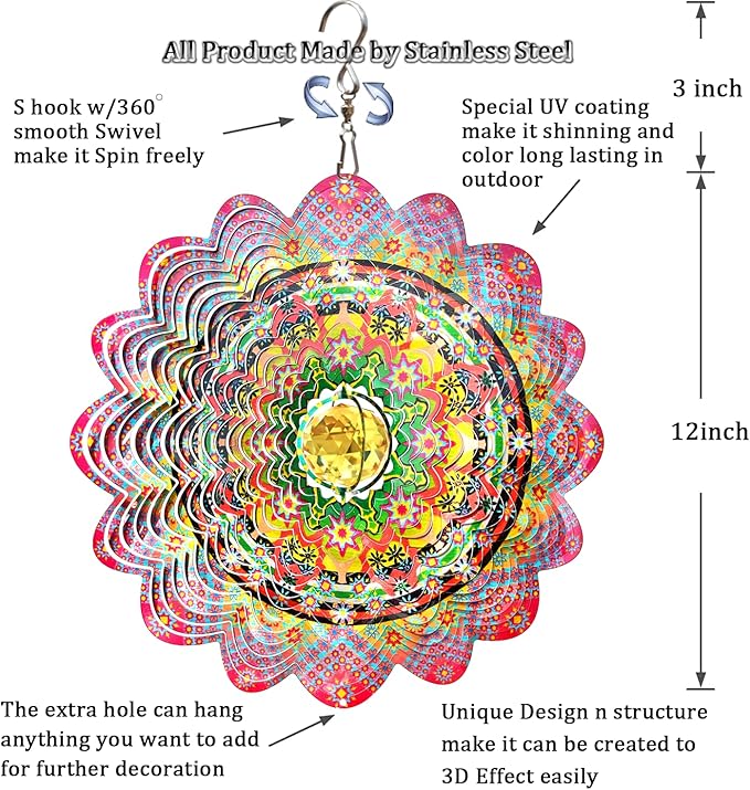 FONMY Mandala Wind Spinner w/Crystal Ball-Romatic Flower 3D Stainless Steel Hanging Spinners Worth Gift Christmas Decoration Indoor/Outdoor Garden Décor Kinetic Yard Art 12 Inches Wind Sculpture