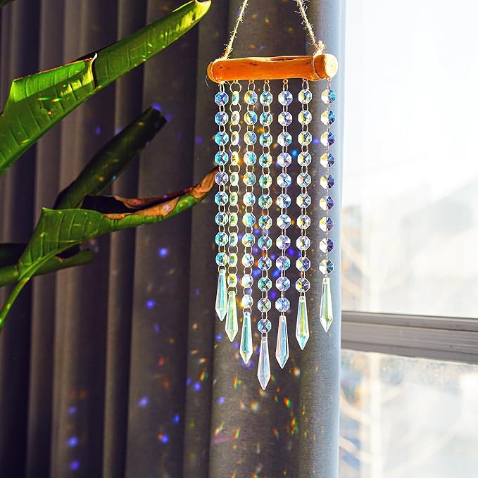 Hanging Crystal Prism Suncatcher Ornament Crystal Wind Chimes Colorful Glass Beads Chain Pendant Decorative