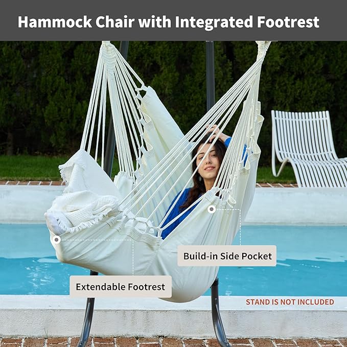 Hanging Hammock Chair Swing MAX 500 lbs Outdoor Hanging Chair with Footrest Indoor Swing Chair with Portable Steel Spreader Bar and Hardware Kit for Bedroom Living Room Patio Porch - White
