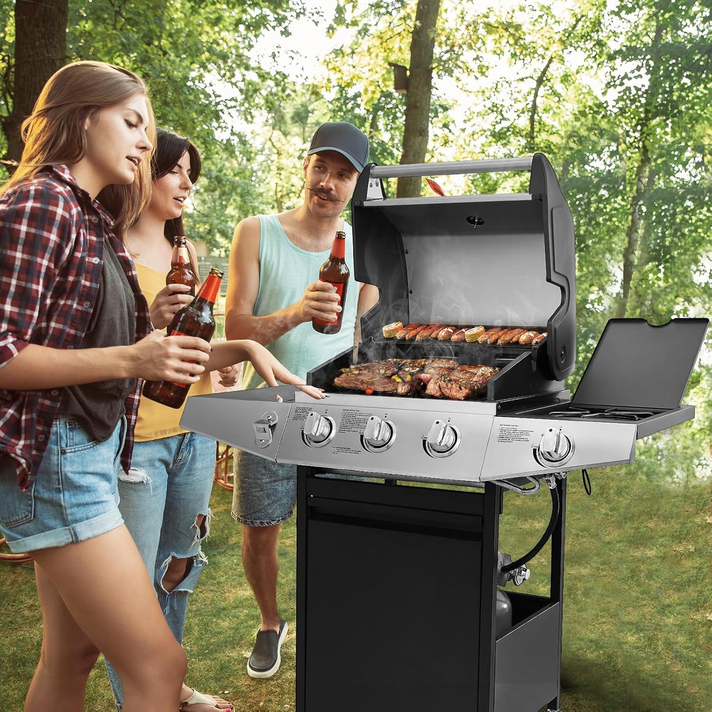 3 Burners Gas Grill with Side Burner, Propane Grill with Wheels and Storage, Outdoor Gas BBQ with Oil Tray and Thermometer for Patio and Party, 37000 BTU
