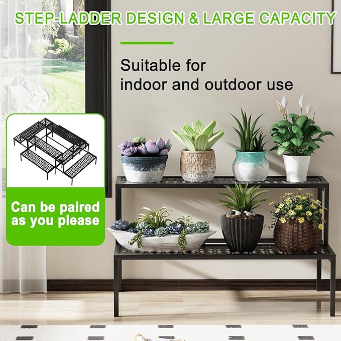aboxoo Metal Plant Stand 2 Tier Potted Multiple Flower Pot Holder Plant Shelf Indoor Plants Multiple,Outdoor Heavy Duty Planter Display Shelving Unit for Patio Garden Corner Balcony(Black)