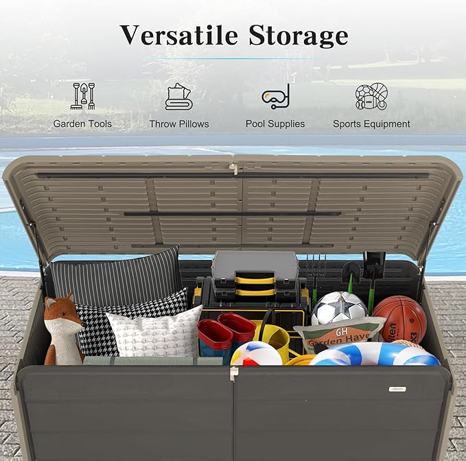 Domi 160 Gallon Resin Deck Box, Waterproof & UV-Resistant Outdoor Large Storage Box Lockable Storage Bin for Patio Cushions Pool Supplies Garden Tools and Delivery Storage