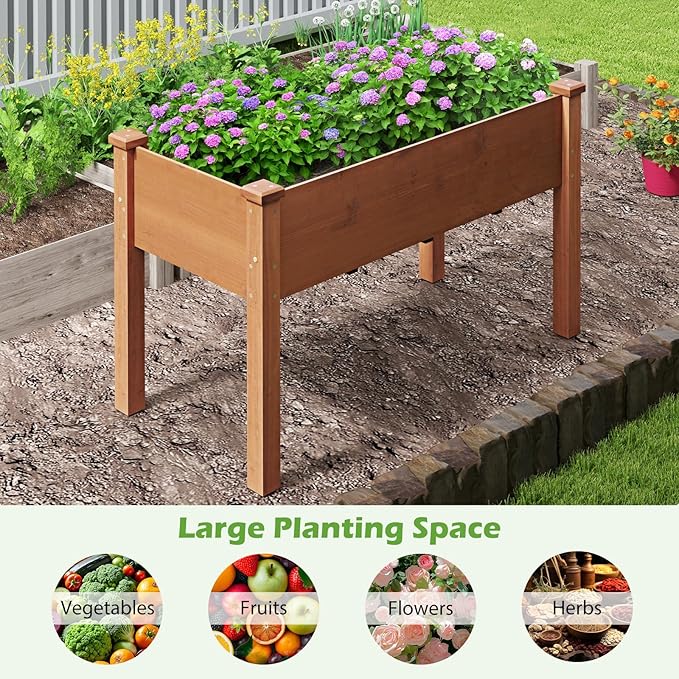 Giantex Raised Garden Bed, Elevated Wood Planter Box with Protective Liner and Drain Hole, Gardening Planter Raised Bed for Planting Vegetables Flowers Succulents Herbs, 49" Lx23 Wx30 H