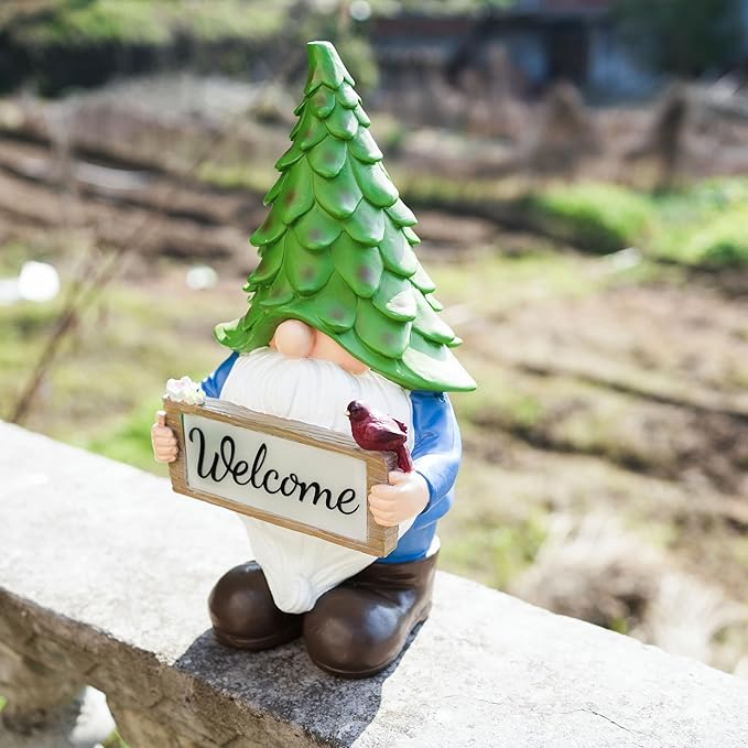 Garden Gnome Statue with Solar Lights, 13.5” Welcome Sign Gnome Outdoor Decor for Yard Lawn Patio, Funny Resin Gnome Sculptures, Gifts for Women Mom Grandma,Garden Decor Ornament