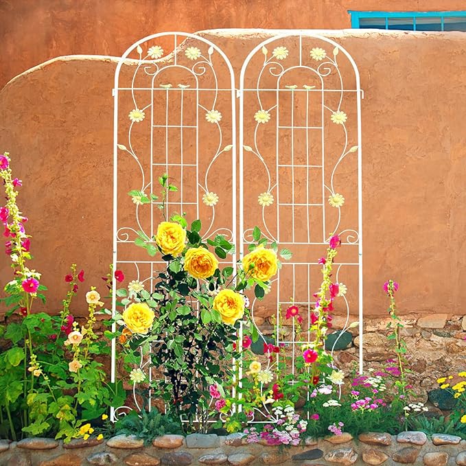 2 Pack Metal Garden Trellis 86.7" H Garden Fence Rustproof Trellis Cream White for Climbing Plants Support Roses Flower Cucumber Outdoor Lawn, Cream White
