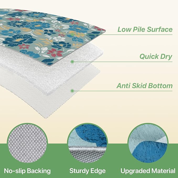 GENIMO Indoor Outdoor Area Rug 8' X 10' Waterproof, Washable Patio Rug Non Shedding, Easy Cleaning Floral Outdoor Carpet for Living Room, Bedroom, Dining Room, Balcony, Backyard, Deck, RV, Blue Grey