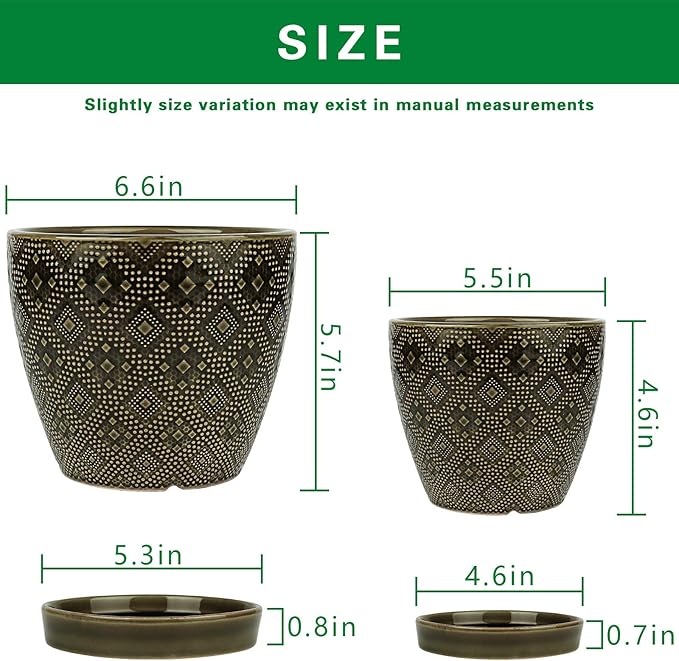 Docrin Ceramic Plant Pots Indoor, 6.6 + 5.5 Inch Planters with Drainage Holes and Saucer for Home/Office - Set of 2 /Dark Green