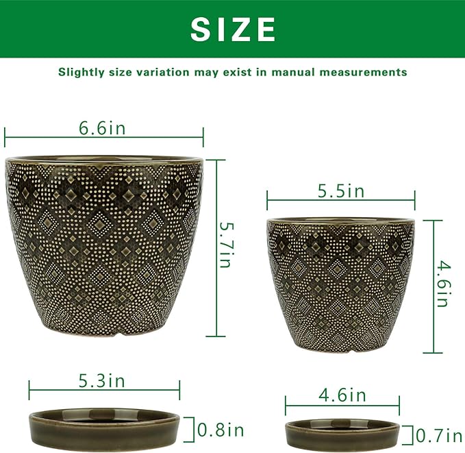 Docrin Ceramic Plant Pots Indoor: 6.6 + 5.5 Inch Planters with Drainage Holes and Saucer for Home/Office - Set of 2 /Dark Green