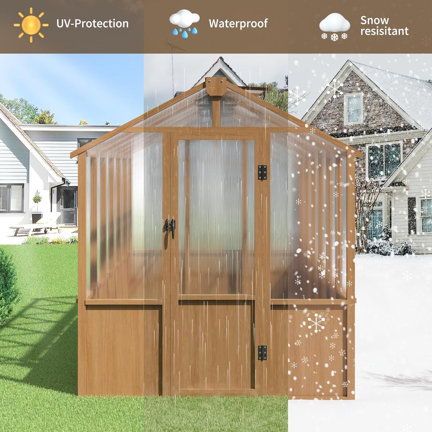 6x12 FT Wooden Greenhouse for Outdoors, Walk-in Greenhouse with 6MM Thick Polycarbonate Panel and Adjustable Roof Vents, Garden Backyard, Wood Colour