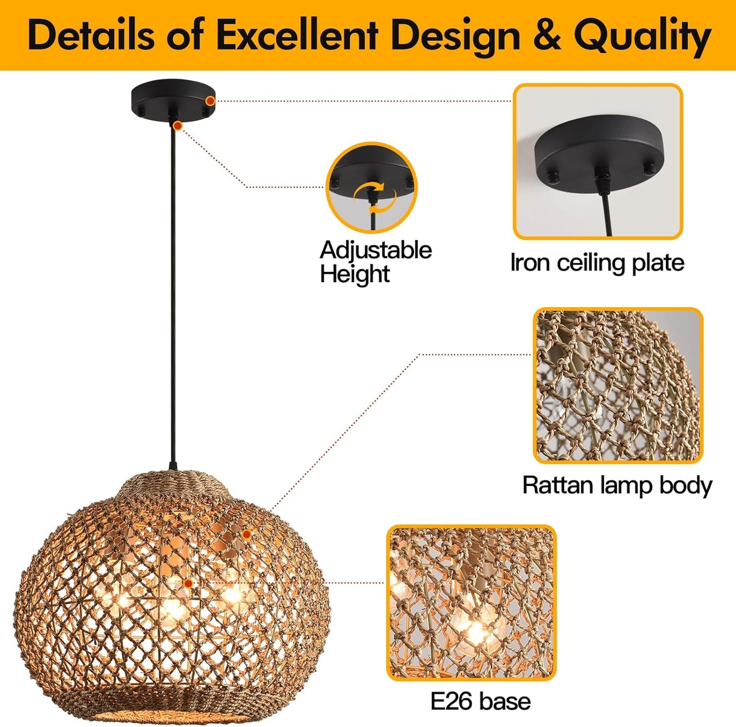 16.94" Rattan Pendant Light,Boho Wicker Chandelier Woven Water Plants, of Kitchen Island Farmhouse Dining Room,Entryway Foyer