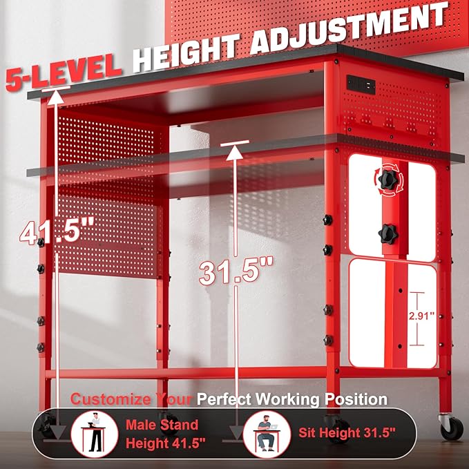 47" Heavy Duty Adjustable Workbench with Power Outlets, Pegboard & Locking Wheels - 2100LB Capacity Garage Work Table, Compatible with Milwaukee Battery, Reinforced Steel Frame for Workshop & Home Use
