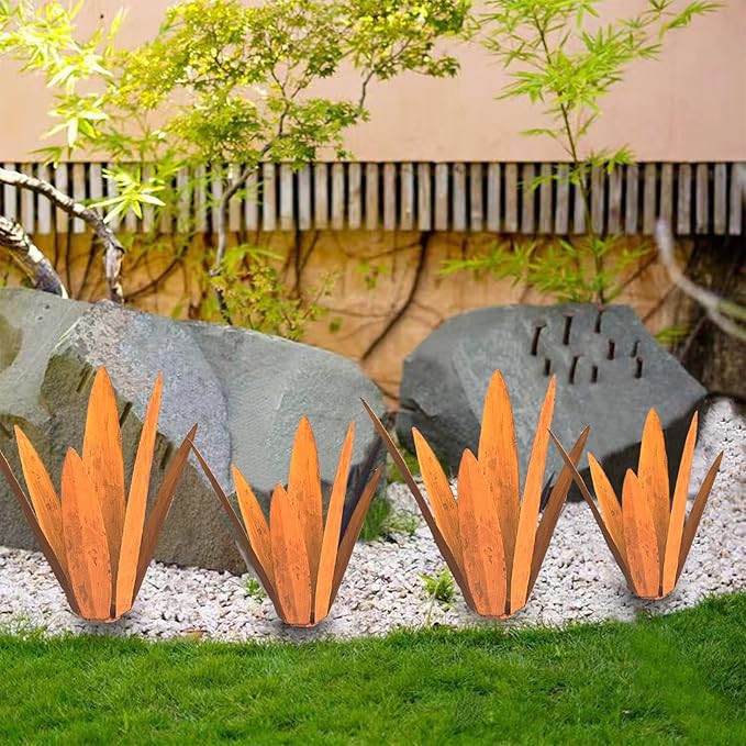 2 PCS Metal Agave Sculpture Decoration, Vintage Country Hand-Painted Sculpture DIY Metal Agave Plant, Home Garden Courtyard Lawn Outdoor Decoration (2pcs Rust Colored)