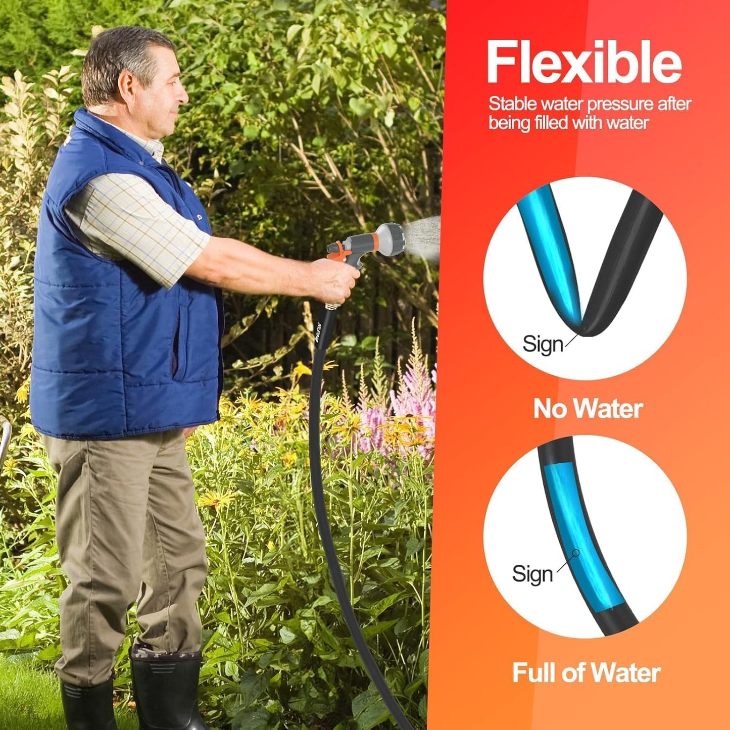 Garden Water Hose 75 ft x 3/4 in Heavy Duty, Flexible and Lightweight, Burst 600 psi, Kink-less Hybrid Rubber Pipe for Backyard, 3/4'' Brass Fittings, Black