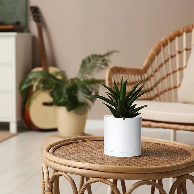 D'vine Dev 2 Pack 5 Inch Modern Plastic Plant Pots, Small Garden Planters for Plant with Drainage Holes and Saucers, White Color, 74-Z-G-1