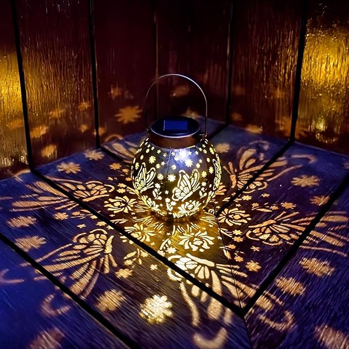 2 Pack Outdoor Solar Hanging Lantern Lights Metal LED Decorative Lamp for Garden Patio Porch Lawn and Table.Unique Gifts for Women Gardening. (Bronze Butterfly)