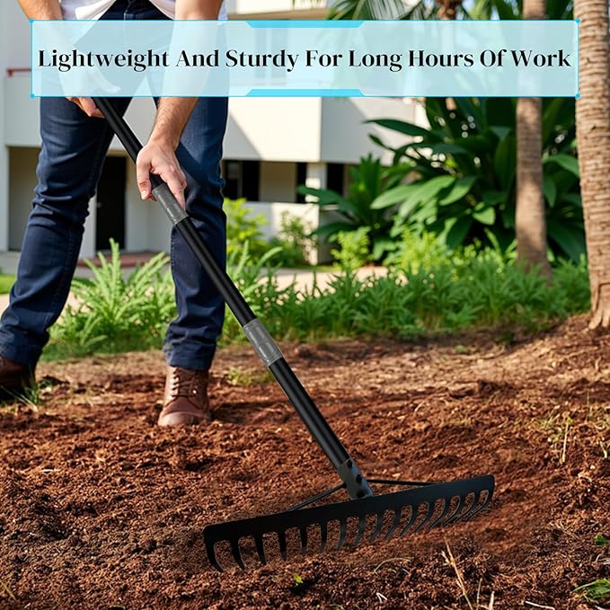 Heavy Duty Bow Rake with Stainless Steel Handle for Farming Land Management Leaf Gathering Durable Ergonomic Garden Tool with 16 Tine Head 63 Inch Assemble Long Shaft Suitable for Large Areas