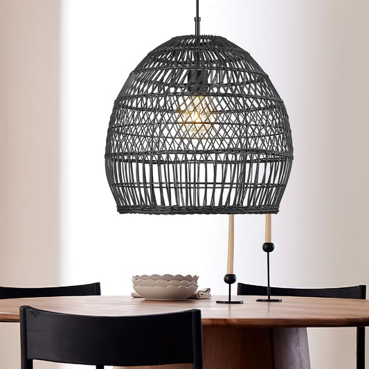 ELYONA 16” Large Rattan Pendant Light, Modern Black Wicker Chandelier, Hand Woven Boho Basket Hanging Light Fixtures for Farmhouse Dining Room Kitchen Island Living Room Bedroom Foyer (40cm*40cm)