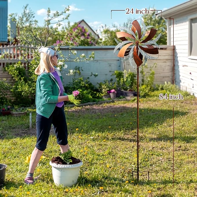 Garden Wind Spinner,Flower Wind Spinner,Outdoor Metal Wind Sculpture & Spinner Large 23 inch Dia 84 inch Height Kinetic Windmill for Garden Yard