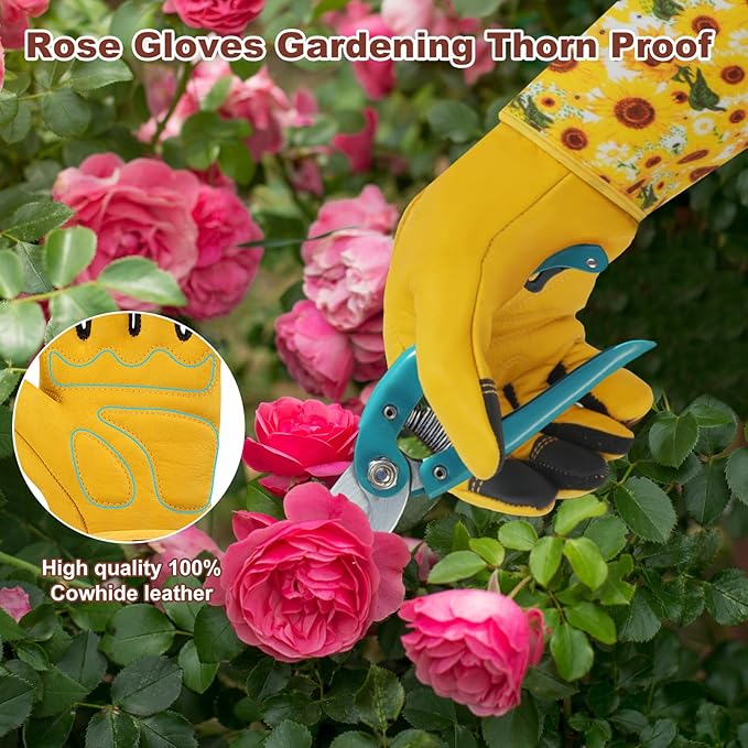 DLY Gardening Gloves for Women, Rose Gloves Gardening Thorn Proof, Long Garden Gloves for Women, Breathable Cowhide Leather Gauntlet (Large, Yellow