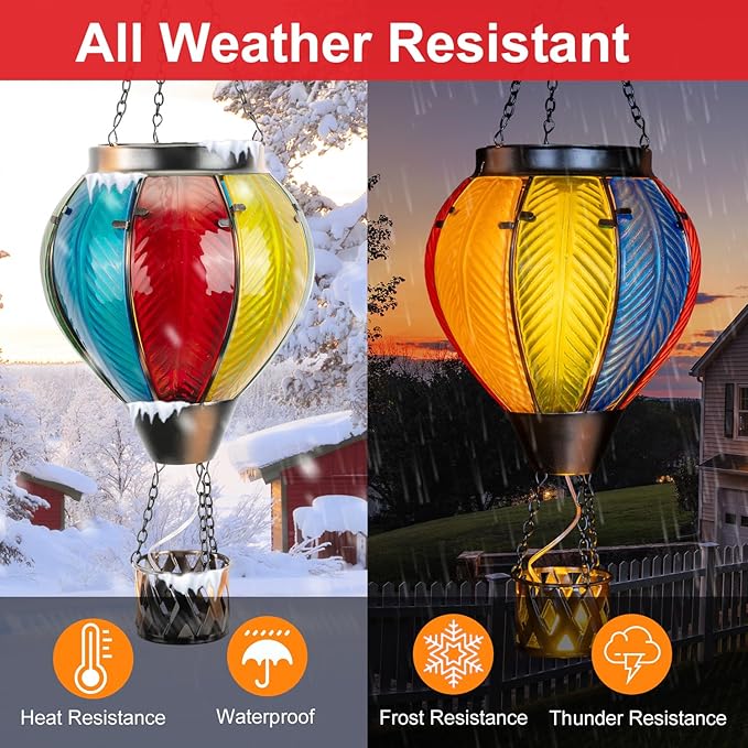 Hot Air Balloon Solar Lantern with Flickering Flame, Hanging Solar Lantern Metal Outdoor Waterproof Lights for Garden Yard Porch Patio Decorations Christmas Gifts (Multi-Colored Glass)
