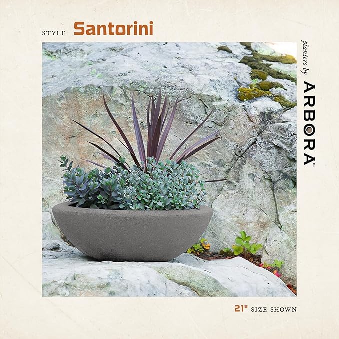 ARBORA 21" and 26” Santorini Bowls with Stone Blend Concrete Gray Finish - Polyresin Indoor and Outdoor Planters, Durable, Weatherproof, Lightweight, Large Plant Pots for Patio, Garden, Deck