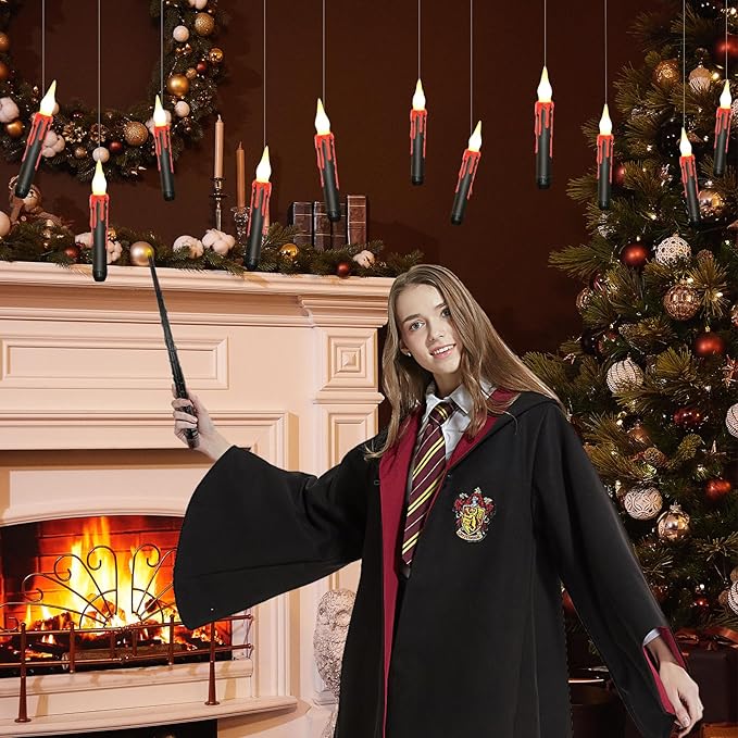 Halloween Decorations, 2023 Newest Floating LED Candles with Wand Remote Control, Witch Wizard Christmas Decor for Indoor Home Room Classroom Bedroom Birthday Party, 12pcs (White & Red), 6.6