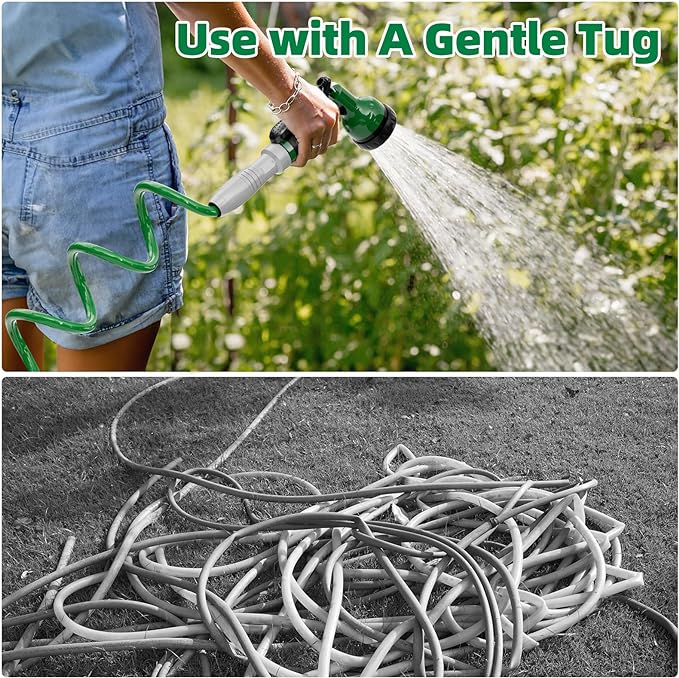 3/8" Lightweight Coil Garden Hose 50 FT, EVA Flexible Curly Water Pipes with 6-Pattern Spray Nozzle for Boat, Greenhouse, Yard, Patio, Green