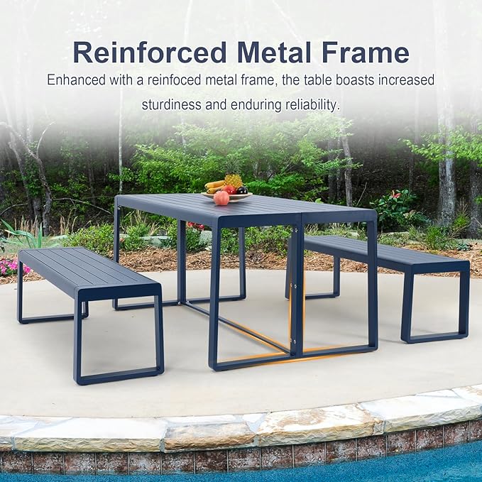 Aoodor 3-Piece Outdoor Patio Dining Set, Aluminum Furniture Set with 1 Rectangular Picnic Table and 2 Benches for Garden, Lawn, Yard