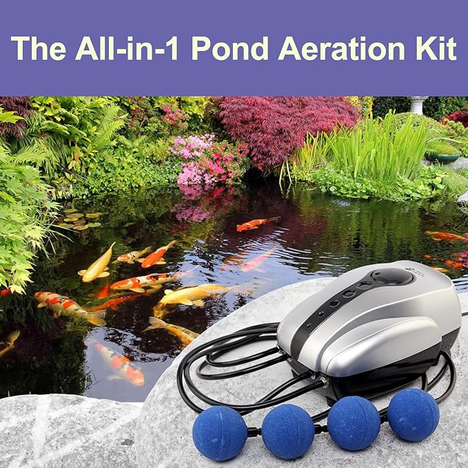 AquaMiracle All-in-One Pond Air Pump Koi Pond Aerator for Pond up to 2000 Gallons Pond Deicer Pond Aeration Kit with 2&4 Outlets Air Stones Airline Tubing Check Valves