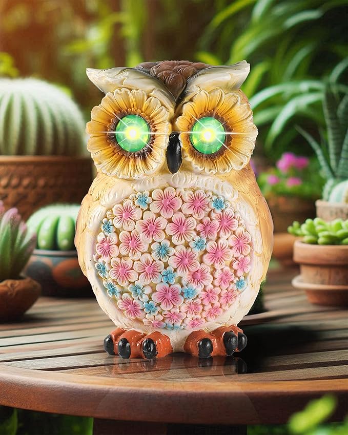 Hand-Painted Resin Owl Figurine with Glow-in-The-Dark Eyes, Solar-Powered Garden Decor 5.5'' Lawn Ornaments Statue Gardening Gifts for Outside Yard Art Patio (Owl)