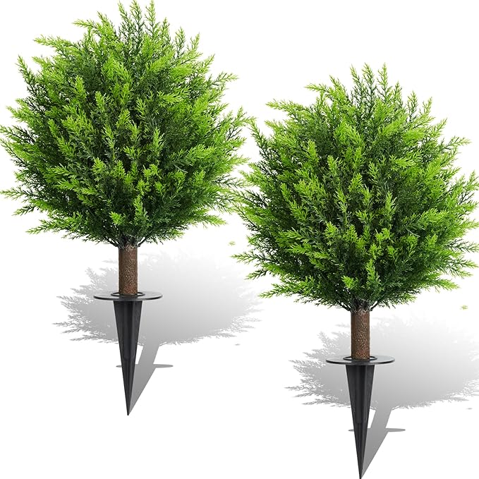 26.5" Artificial Cedar Topiary Ball Trees, Set of 2 UV Resistant Fake Evergreen Trees Shrubs Bushes Artificial Plants with Ground Spike Faux Cypress Plants for Indoor Outdoor Front Porch Garden