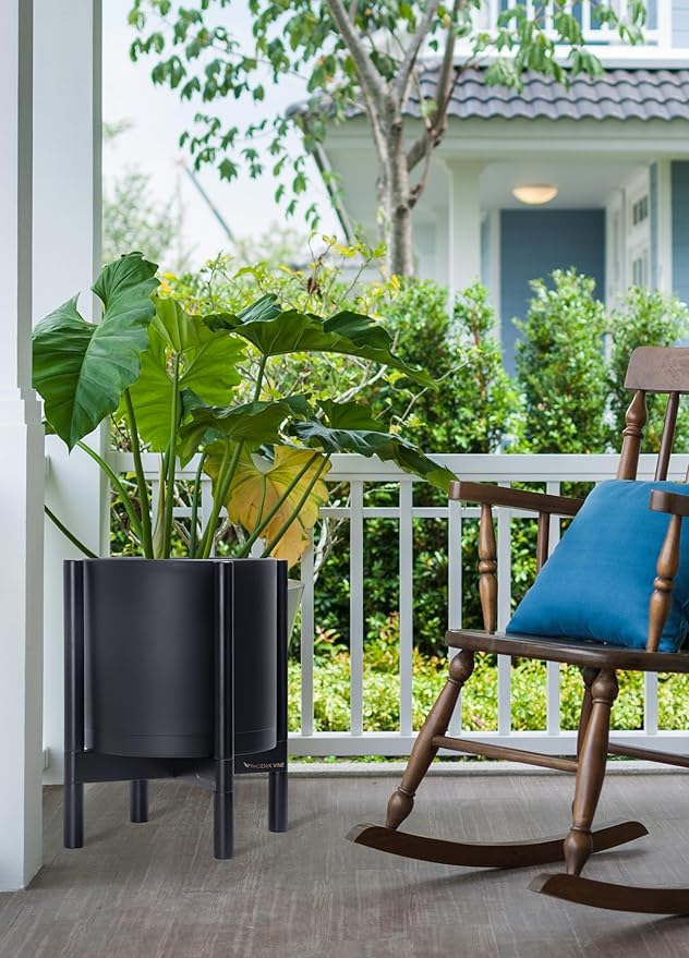 D'vine Dev Planter Pot with Stand - 12 Inch Plastic Cylinder Flower Pot with Wood Planter Holder for Indoor, Matte Black Pot + Ebony Stand, 55-C-Q-2