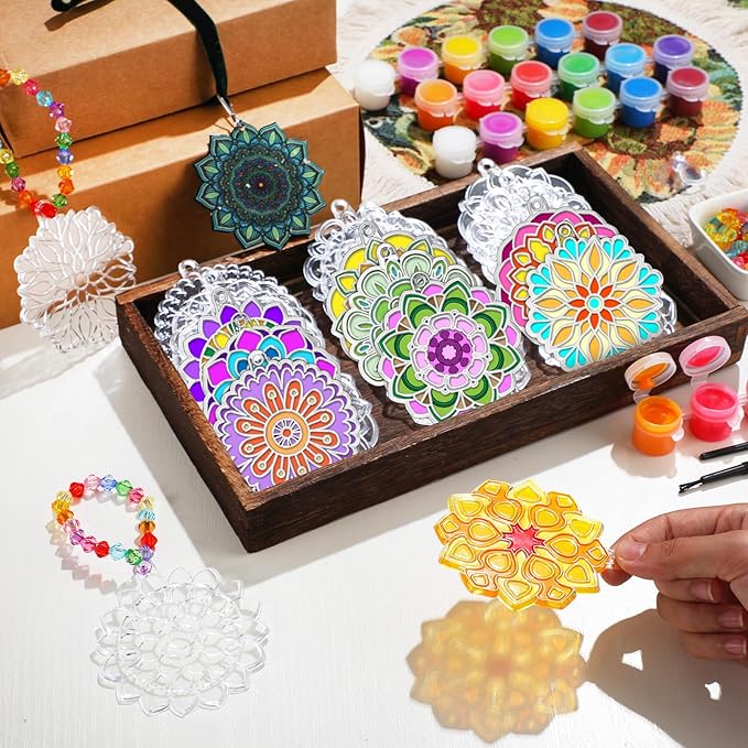 30 Sets Suncatchers Window Art Kits, DIY Sun Catchers Bulk Crafts Paint Your Own Window Ornaments for Boys Girls Classroom Home Party Birthday Activity Decor(Mandala Style)