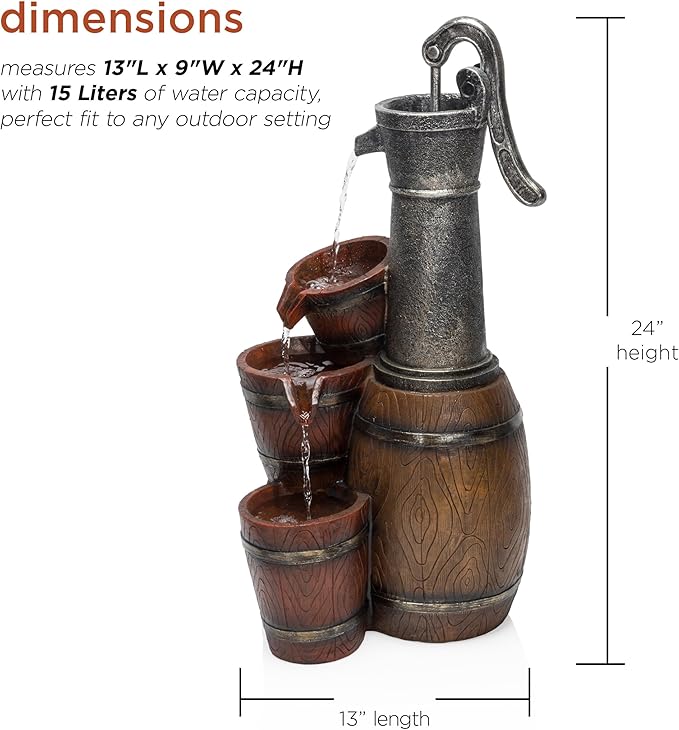 Alpine Corporation ZEN403S Indoor/Outdoor Floor Vintage Farmhouse Barrel Fountain, Rustic Waterfall for Garden, 24", Brown