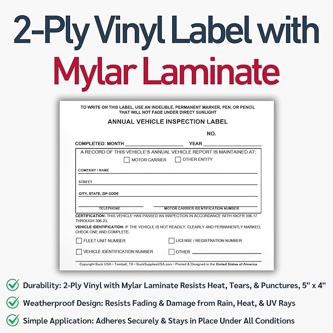 50 Pack 3-Ply Carbonless Annual Vehicle Inspection Report Forms with FMCSA Red Aluminum Labels & White Mylar Laminate Vinyl Labels, DOT Inspection Forms and Stickers, Shrink-Wrapped, 8.5" x 11.75"