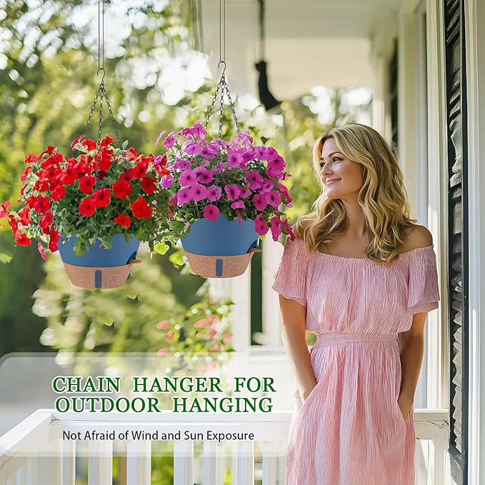 Hanging Planter Self Watering 10 Inch, 2 Pack Hanging Baskets for Plants, Hanging Flower Pots with Drainage Hole & 2 Kinds of Plant Hangers for Garden Home Decor (Navy Blue, 10 Inch)