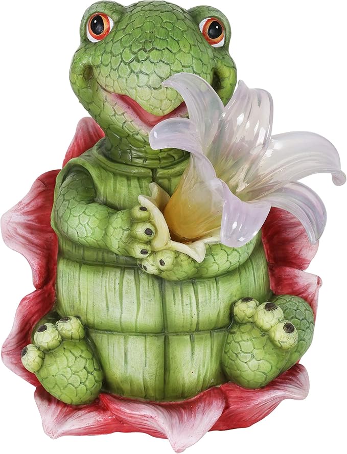 Exhart Solar Turtle Garden Statue, LED Lily Flower, Durable Resin, Cute Yard Décor, 7.5"x5.5"x8.5"