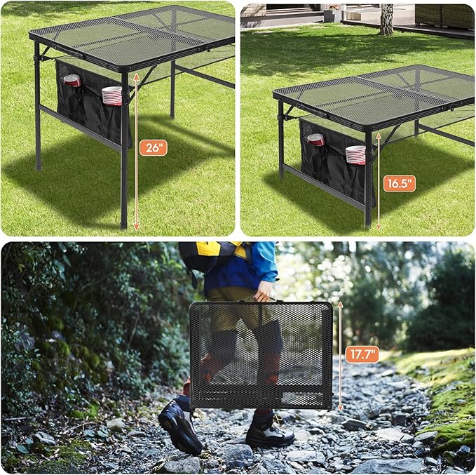 Folding Grill 3x2 FT Portable Camping Table, Lightweight Height Adjustable Metal Picnic Outdoor Table with Mesh Desktop and Mesh Bag, Beach and BBQ, Party