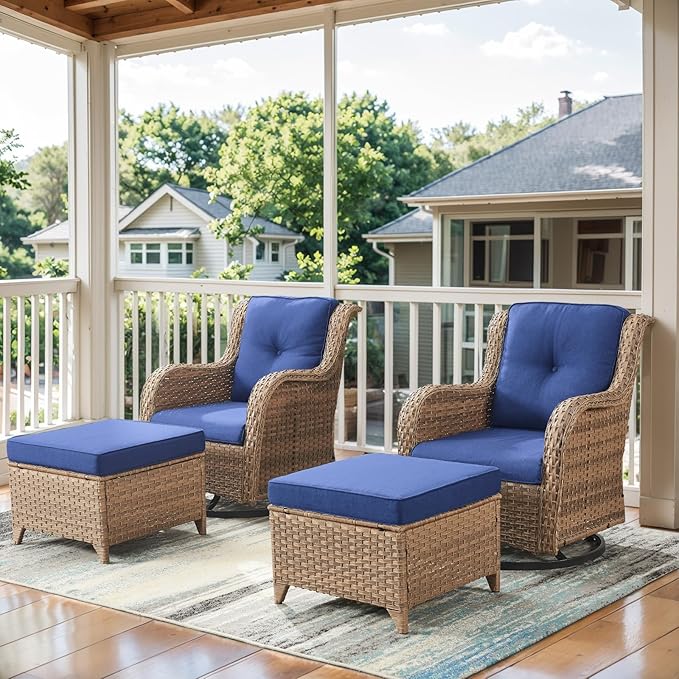 4 Pieces Patio Furniture Sets, Wicker Patio Swivel Glider Chair with Ottomans, Outdoor Furniture Set for Outside Porch, Deck, Balcony, Garden, Yellow