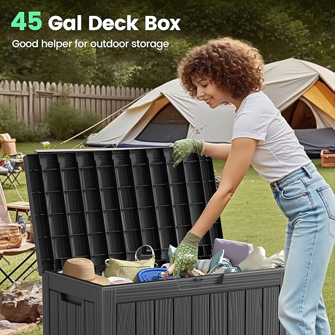 45 Outdoor Storage Box, Waterproof Resin Deck Box with Side Handles, Lockable Outdoor Bench for Indoor & Outdoor Use, Storage Bin for Patio Cushions, Garden Tools, Package Delivery, Black