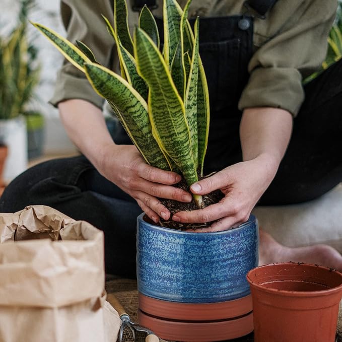 6 Inch Plant Pots, Ceramic Planter Pot with Drainage Hole & Saucer, Indoor/Outdoor Cylinder Round Planter Pot, Aqua Blue & Terracotta Red