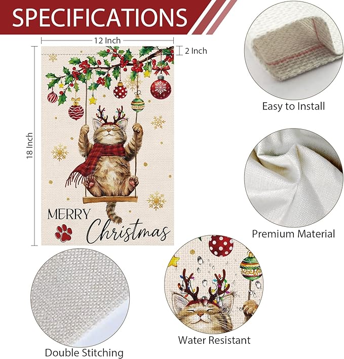 Heyfibro Merry Christmas Cute Cat Swing Garden Flag 12x18 Inch Double Sided Burlap, Retro Christmas Ball Snowflake Yard Banner for Winter Holiday Xmas Seasonal Outdoor Decoration(ONLY FLAG)