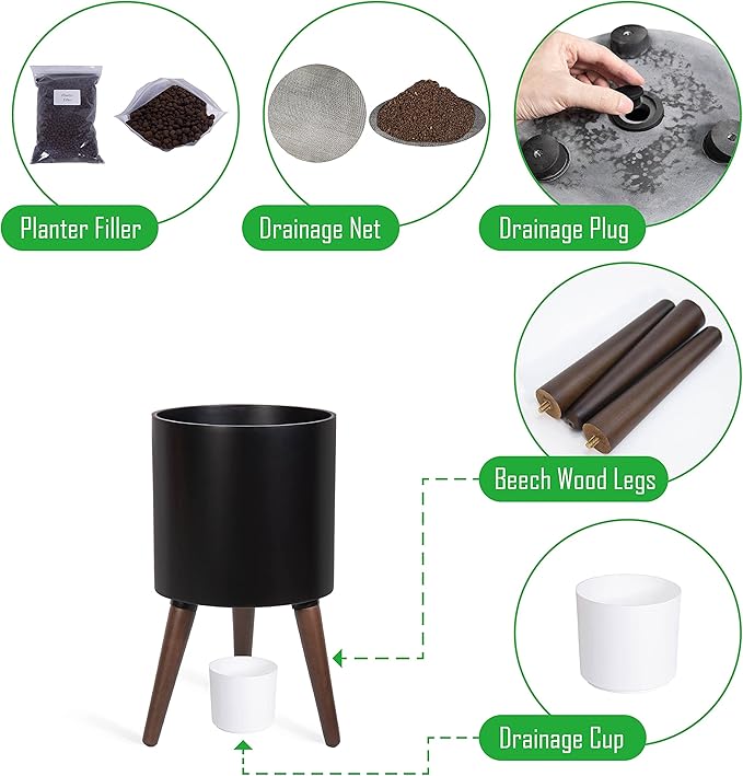 D'vine Dev 10 Inch Planter Pot with Stand, Mid-Century Tall Plant Pot with Legs for Indoor Plants, Medium, Black, 88-O-B-2